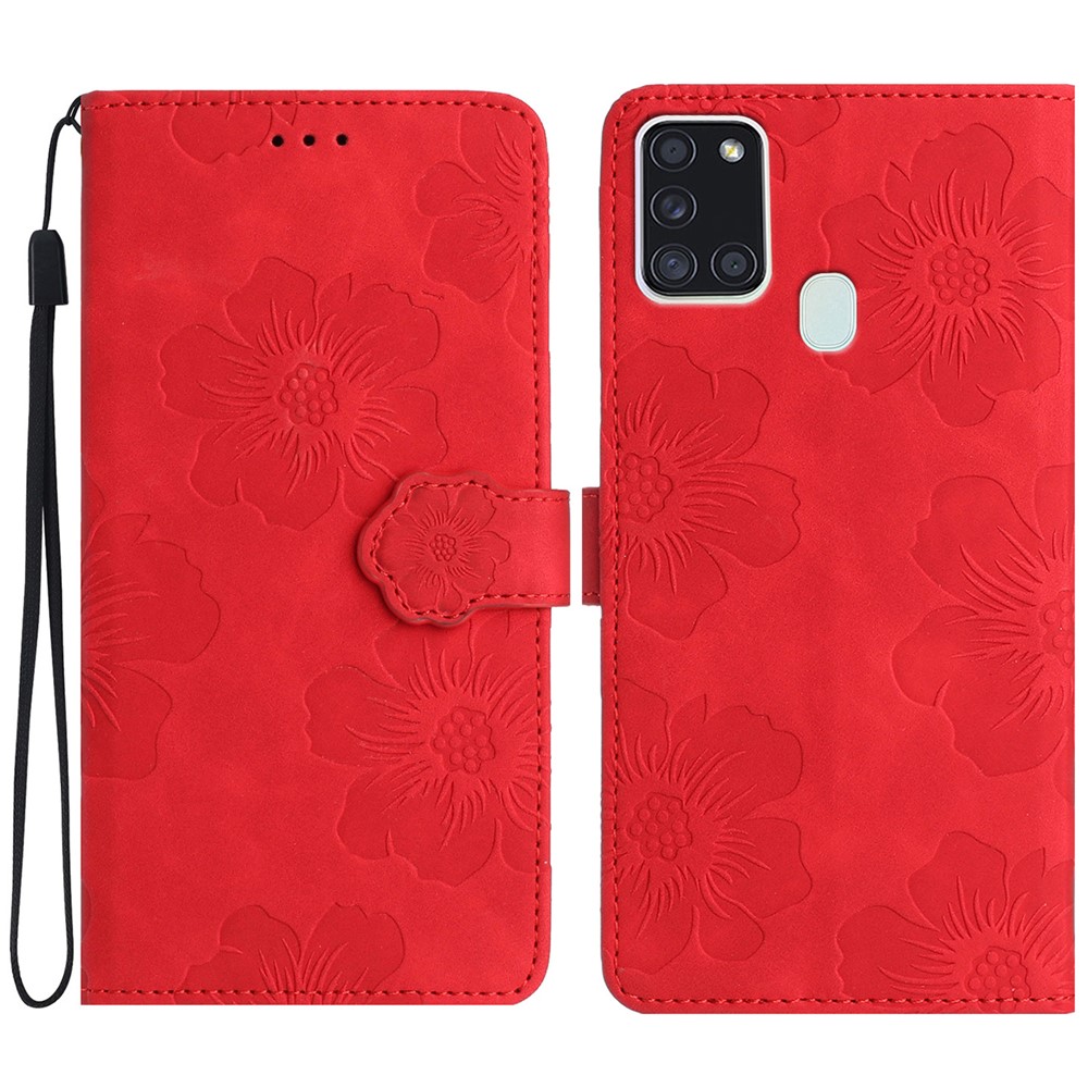 For Samsung Galaxy A21s Flowers Imprint Leather Wallet Case Folding Stand Phone Cover - Red
