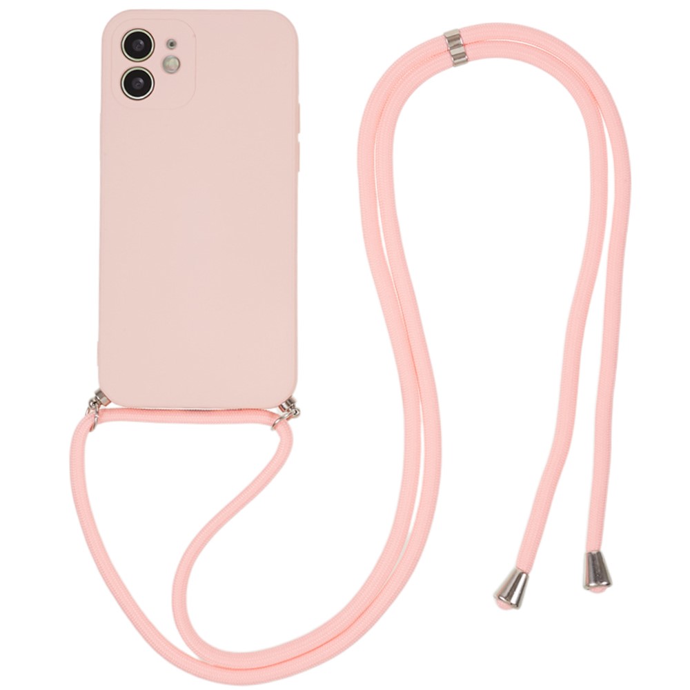For iPhone 11 TPU Case Fiber Lining Protective Phone Cover with Long Lanyard - Pink