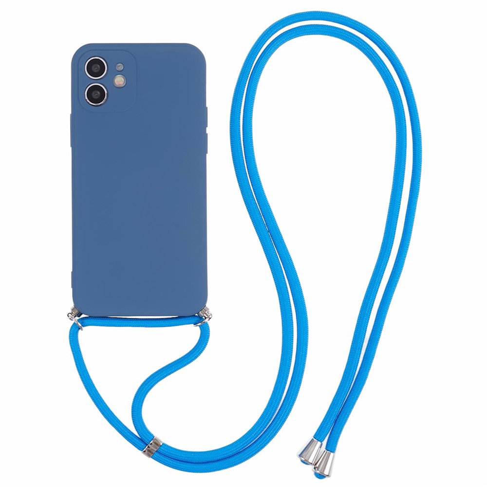 For iPhone 11 TPU Case Fiber Lining Protective Phone Cover with Long Lanyard - Sapphire