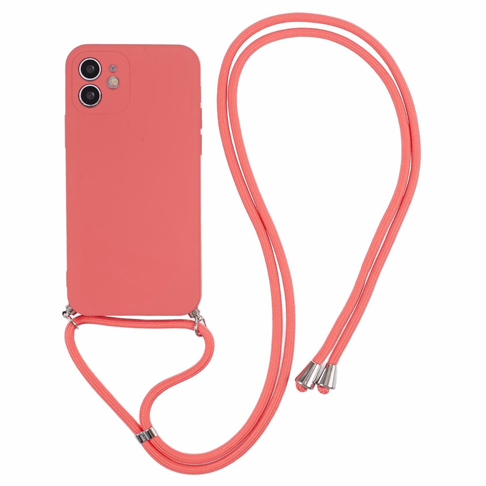 For iPhone 11 TPU Case Fiber Lining Protective Phone Cover with Long Lanyard - Hawthorn Red