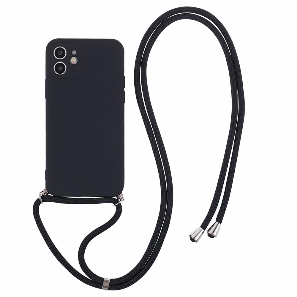 For iPhone 11 TPU Case Fiber Lining Protective Phone Cover with Long Lanyard - Black