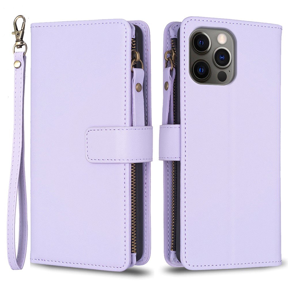 BF Style-19 for iPhone 12 / 12 Pro Anti-scratch Leather Case Zipper Pocket Stand Phone Wallet Cover - Purple