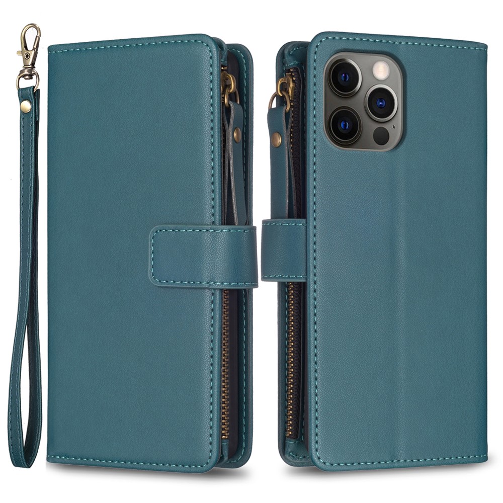 BF Style-19 for iPhone 12 / 12 Pro Anti-scratch Leather Case Zipper Pocket Stand Phone Wallet Cover - Green