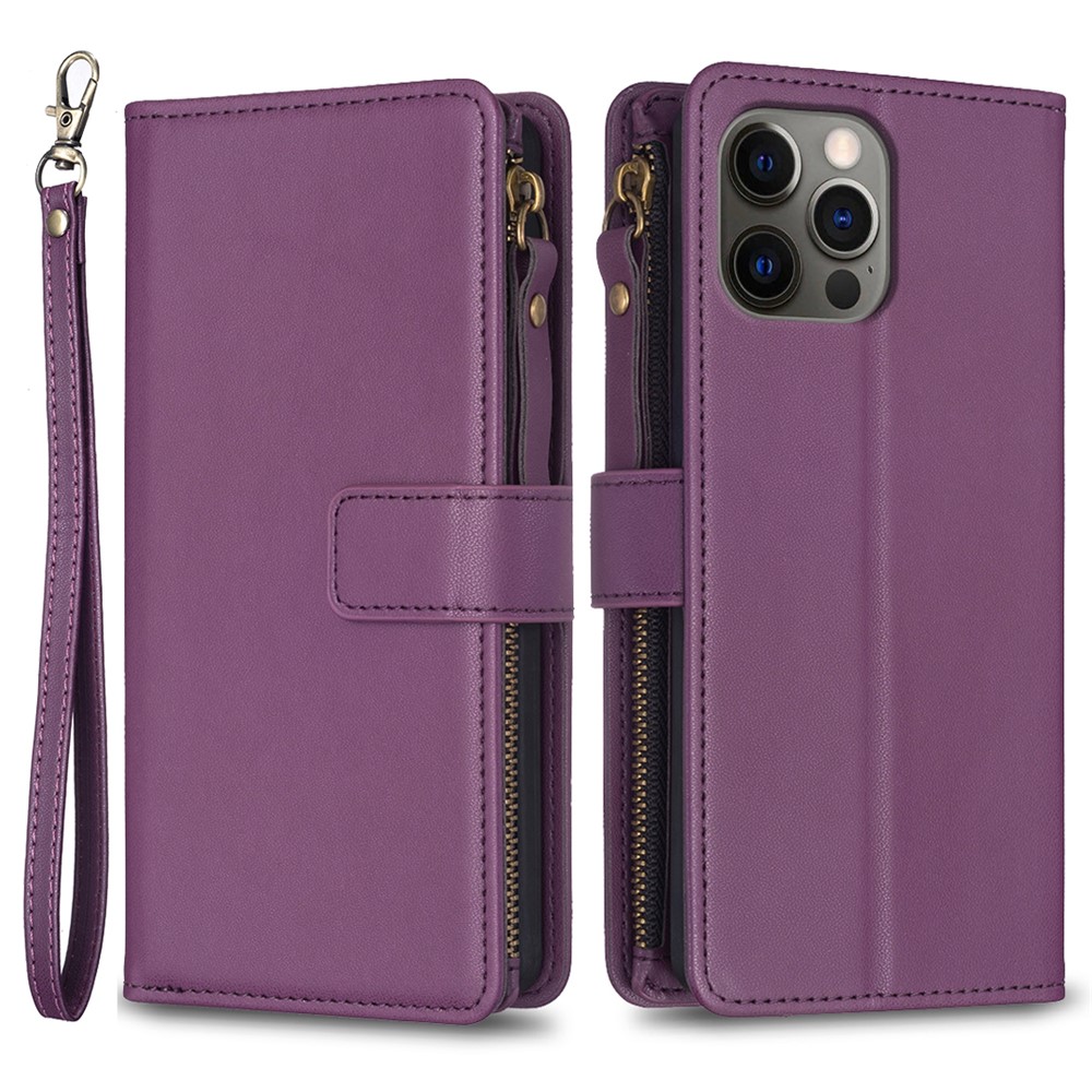 BF Style-19 for iPhone 12 / 12 Pro Anti-scratch Leather Case Zipper Pocket Stand Phone Wallet Cover - Dark Purple