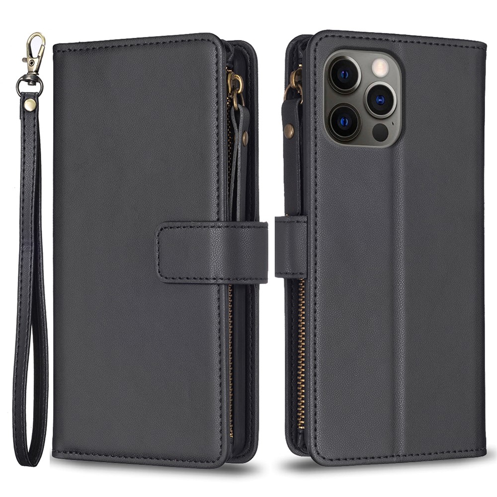 BF Style-19 for iPhone 12 / 12 Pro Anti-scratch Leather Case Zipper Pocket Stand Phone Wallet Cover - Black