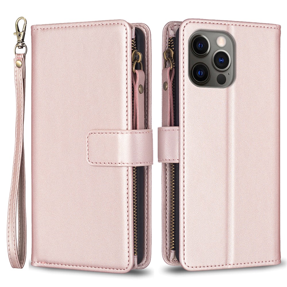 BF Style-19 for iPhone 12 / 12 Pro Anti-scratch Leather Case Zipper Pocket Stand Phone Wallet Cover - Rose Gold
