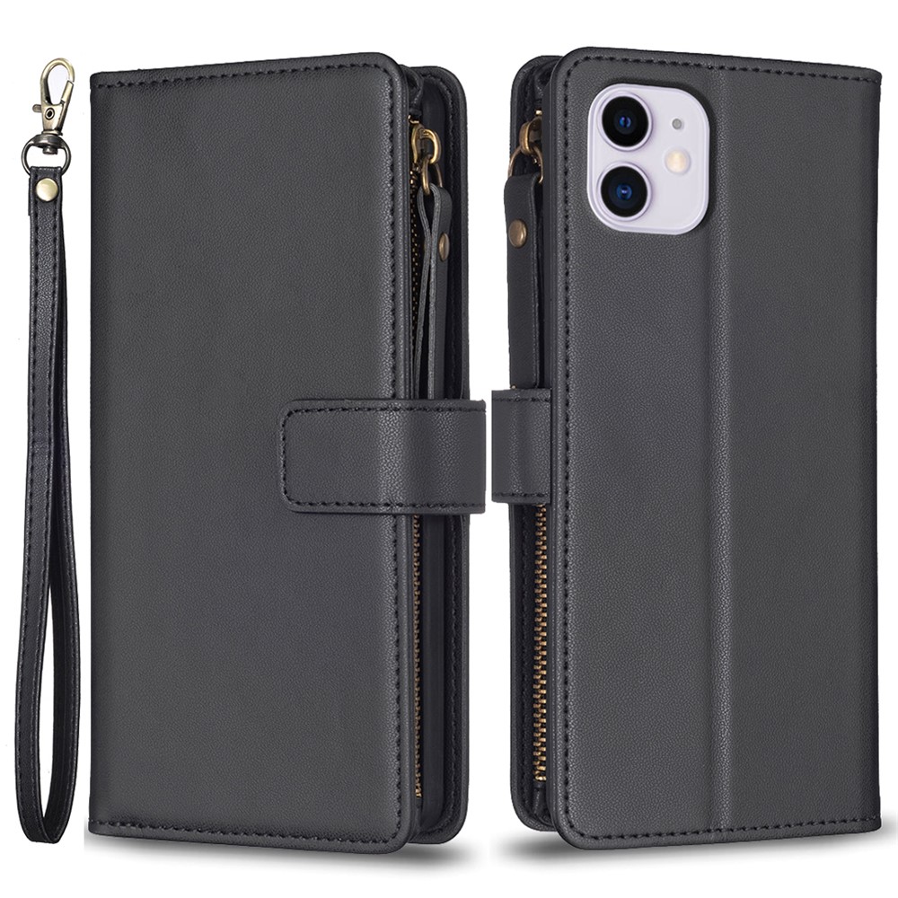 BF Style-19 Zipper Pocket Phone Case for iPhone 11 , PU Leather Stand Wallet Phone Cover - Black