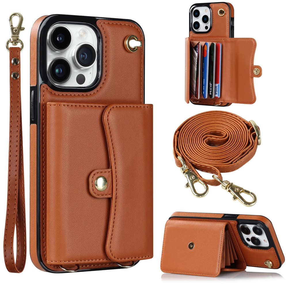 For iPhone 12 / 12 Pro PU Leather+TPU Phone Case Card Slots RFID Blocking Kickstand Cover with Short +Long Straps - Brown