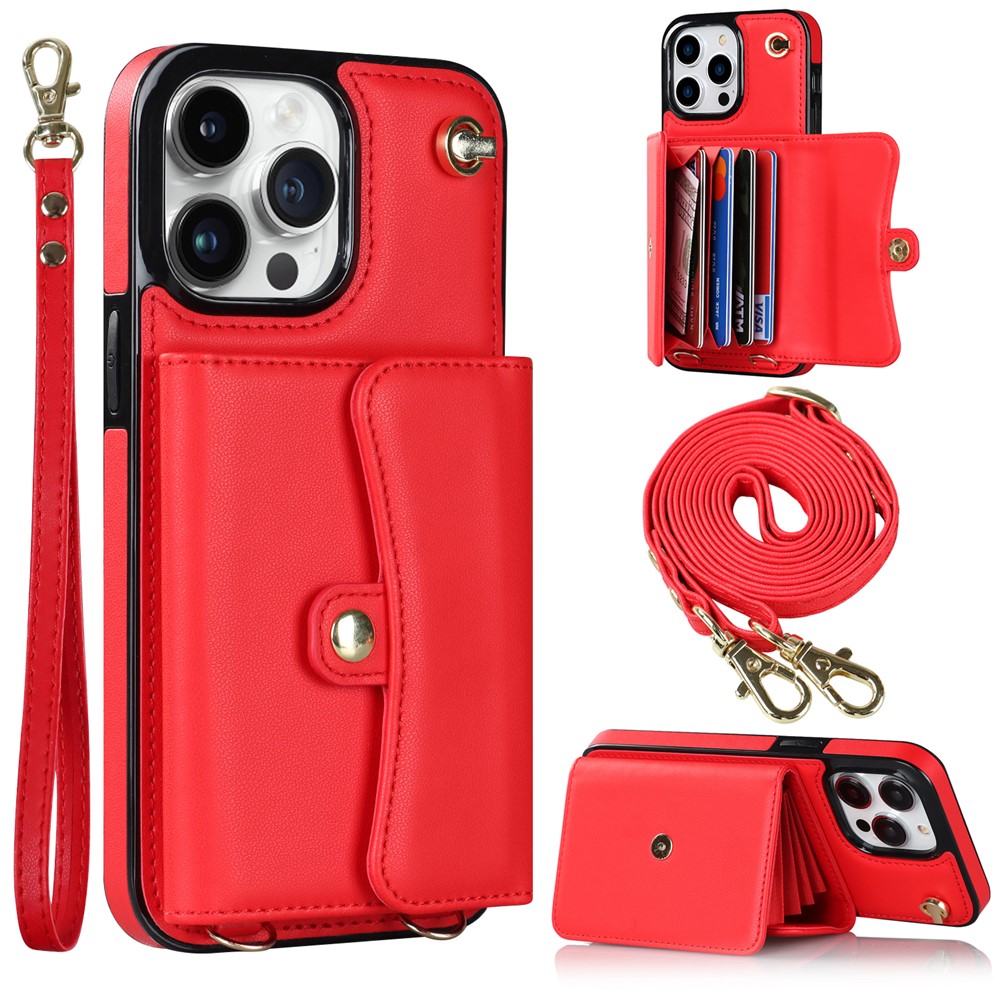 For iPhone 12 / 12 Pro PU Leather+TPU Phone Case Card Slots RFID Blocking Kickstand Cover with Short +Long Straps - Red