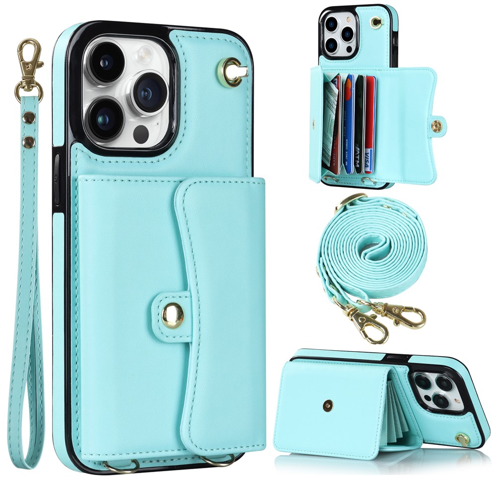 For iPhone 12 / 12 Pro PU Leather+TPU Phone Case Card Slots RFID Blocking Kickstand Cover with Short +Long Straps - Blue