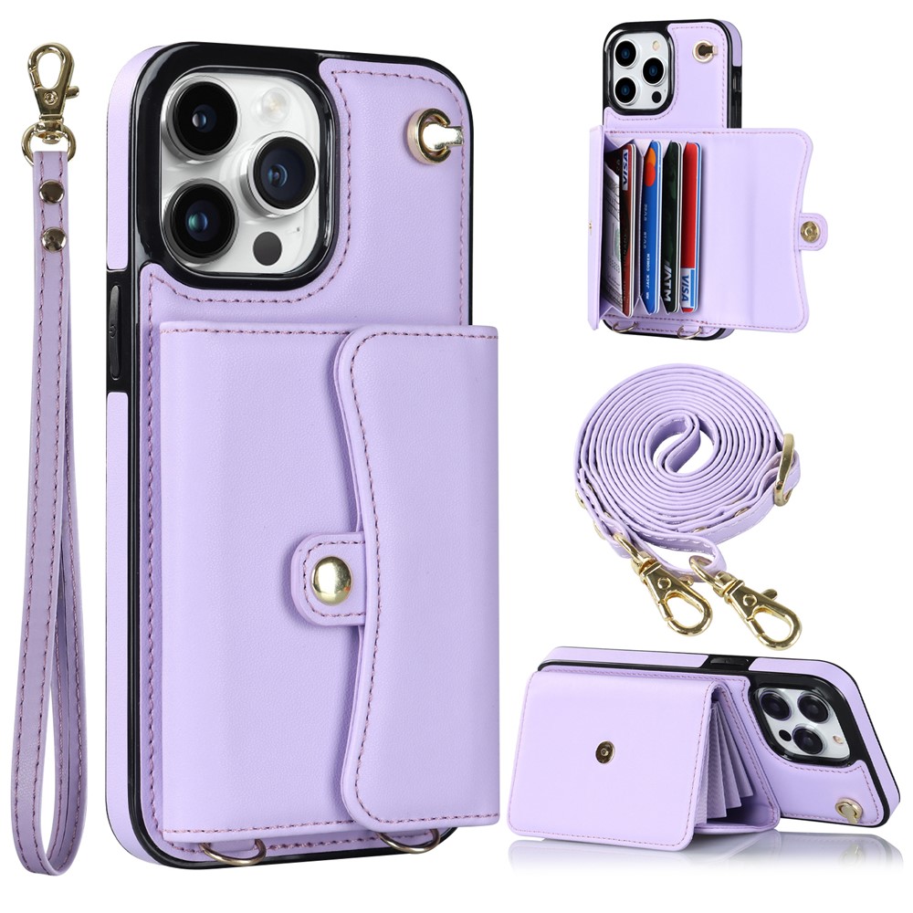 For iPhone 12 / 12 Pro PU Leather+TPU Phone Case Card Slots RFID Blocking Kickstand Cover with Short +Long Straps - Purple