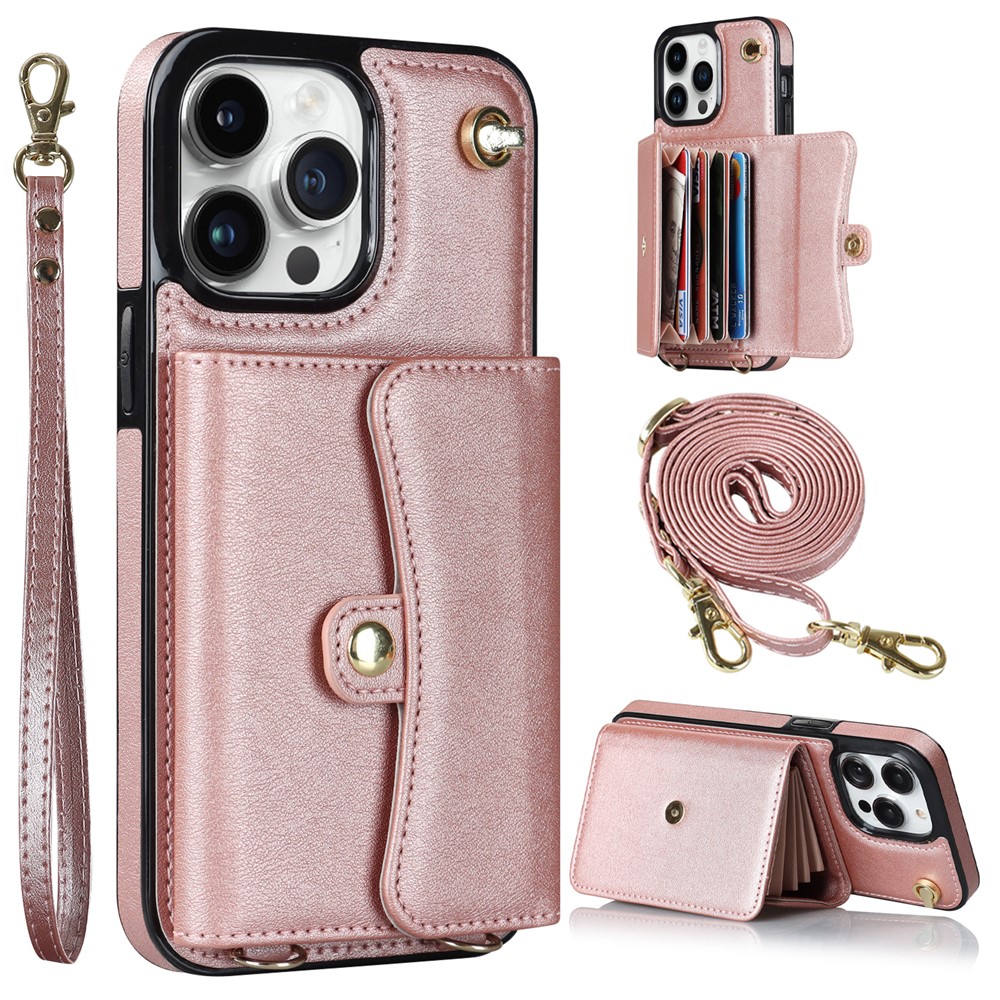 For iPhone 12 / 12 Pro PU Leather+TPU Phone Case Card Slots RFID Blocking Kickstand Cover with Short +Long Straps - Rose Gold