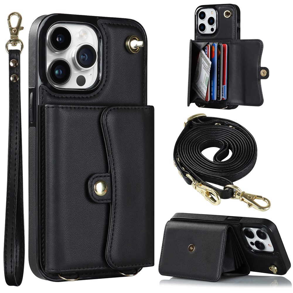 For iPhone 12 / 12 Pro PU Leather+TPU Phone Case Card Slots RFID Blocking Kickstand Cover with Short +Long Straps - Black