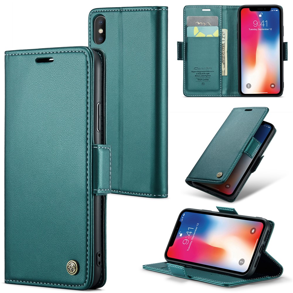 CASEME 023 Series RFID Blocking Leather Case for iPhone XS , Litchi Texture Stand Wallet Phone Cover - Green