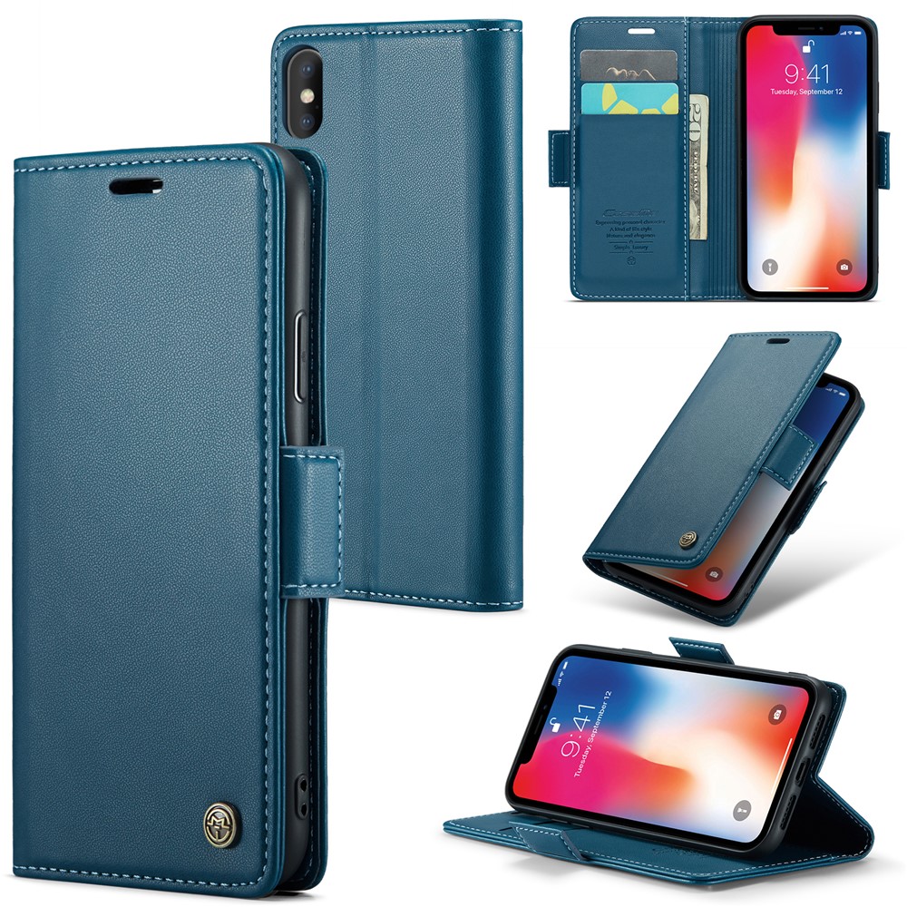 CASEME 023 Series RFID Blocking Leather Case for iPhone XS , Litchi Texture Stand Wallet Phone Cover - Blue