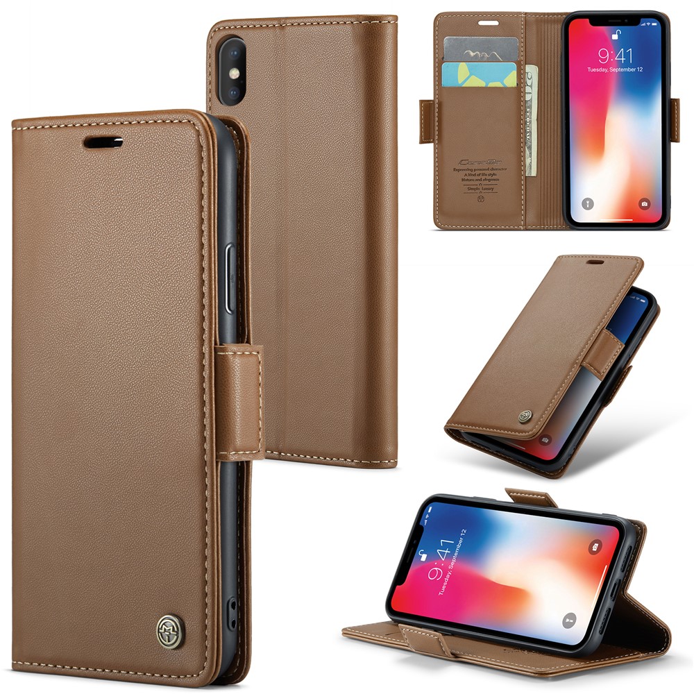 CASEME 023 Series RFID Blocking Leather Case for iPhone XS , Litchi Texture Stand Wallet Phone Cover - Brown