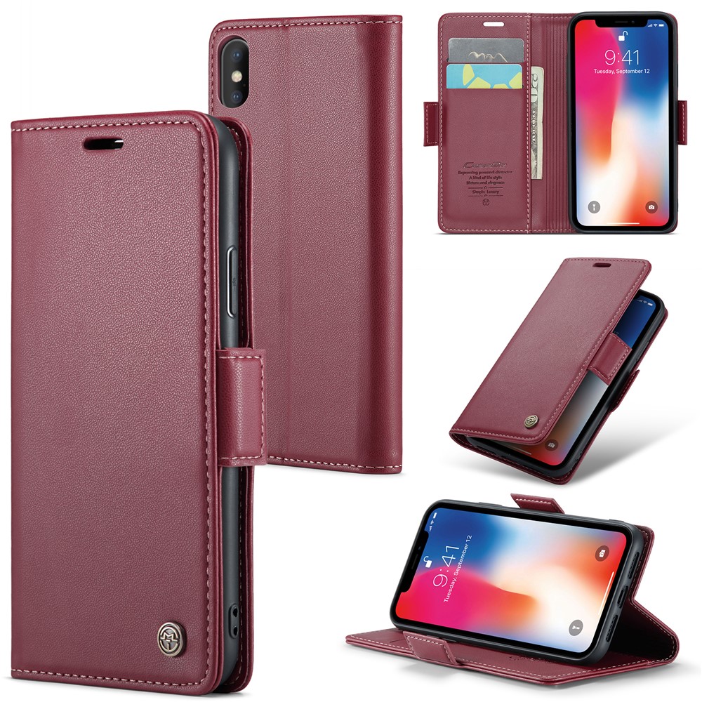 CASEME 023 Series RFID Blocking Leather Case for iPhone XS , Litchi Texture Stand Wallet Phone Cover - Red