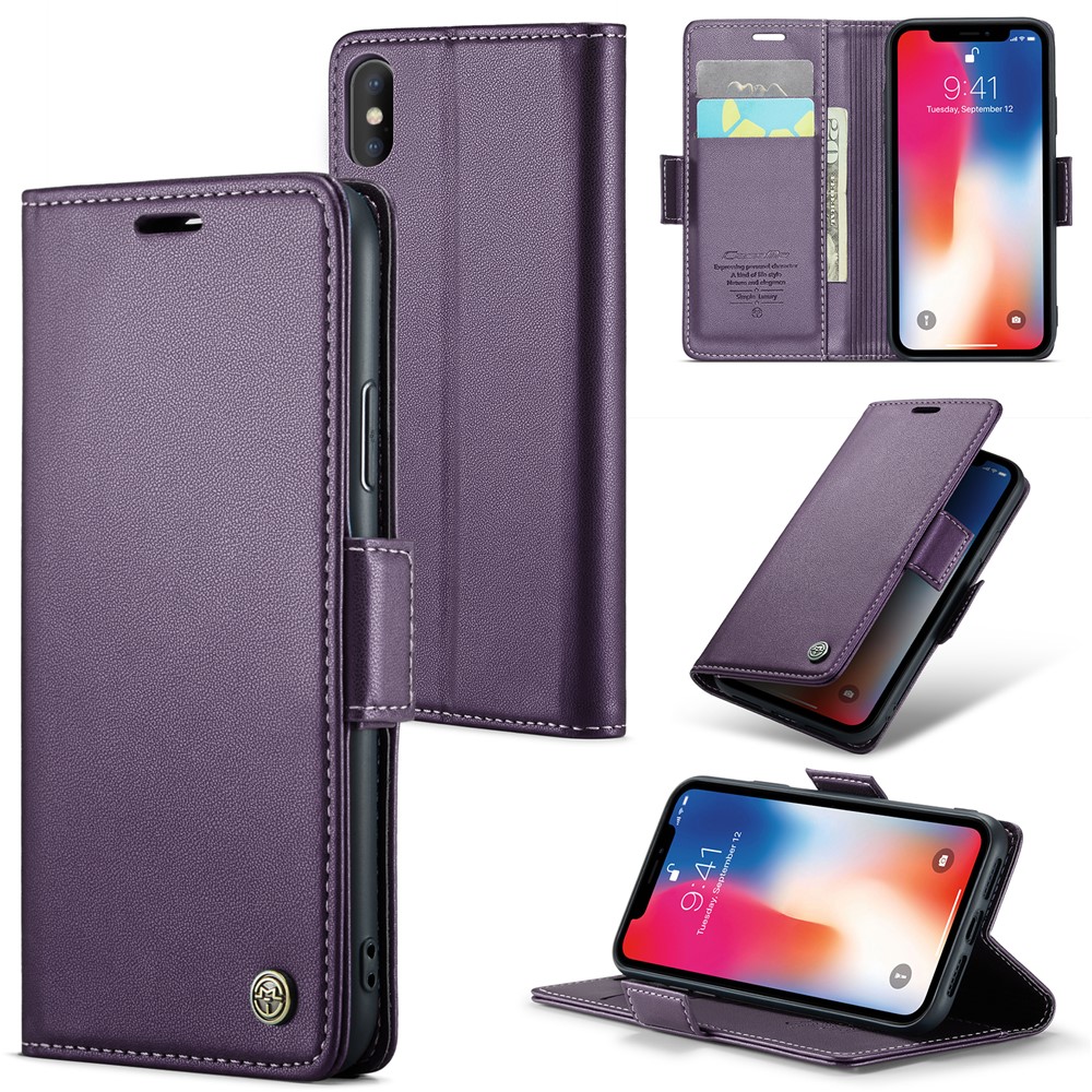 CASEME 023 Series RFID Blocking Leather Case for iPhone XS , Litchi Texture Stand Wallet Phone Cover - Purple