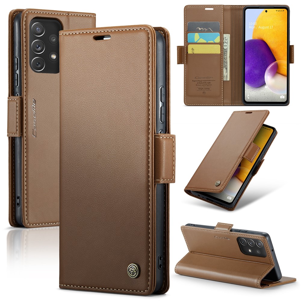 For Samsung Galaxy A72 4G / 5G Leather Case CASEME 023 RFID Blocking 3 Card Slot Mobile Cover - Brown