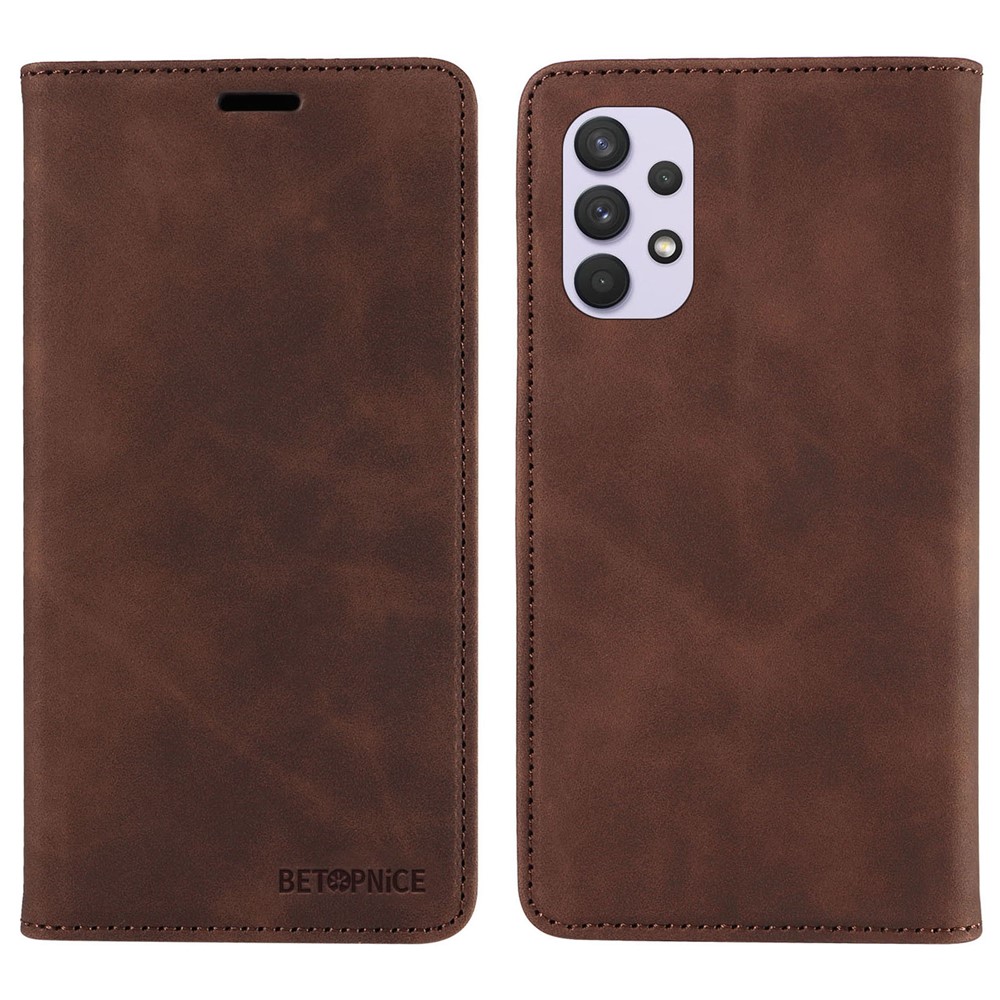 BETOPNICE 003 Phone Cover for Samsung Galaxy A32 4G (EU Version) RFID Blocking Wallet Leather Stand Case - Brown