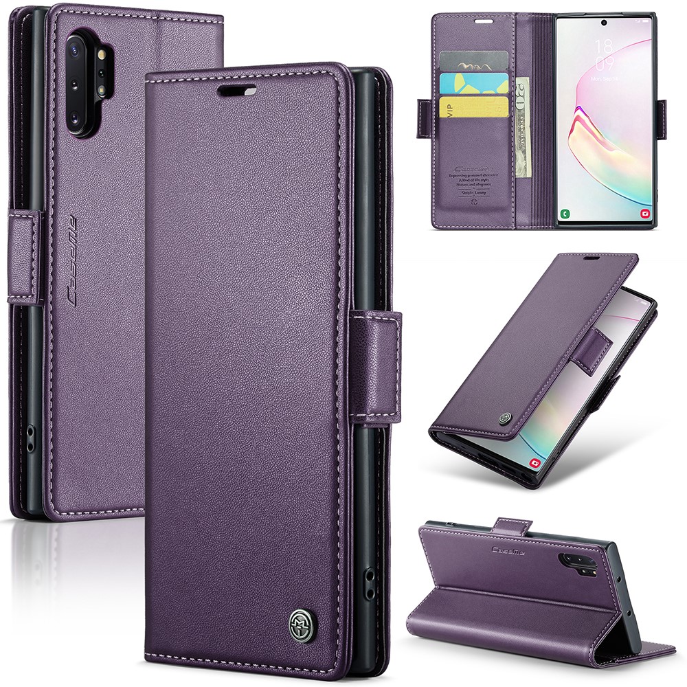 For Samsung Galaxy Note 10 Plus 4G Leather Case CASEME 023 RFID Blocking 3 Card Slot Mobile Cover - Purple