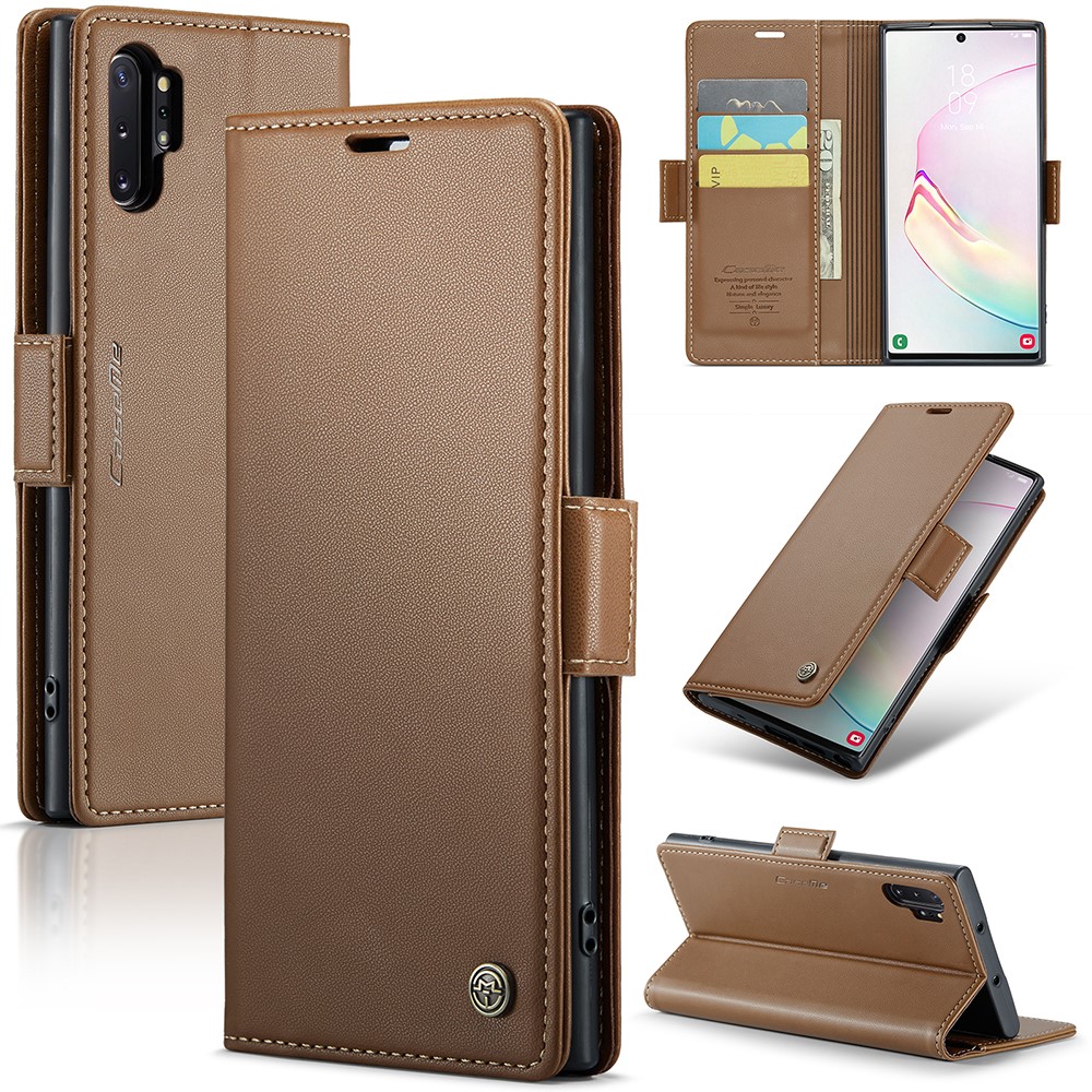 For Samsung Galaxy Note 10 Plus 4G Leather Case CASEME 023 RFID Blocking 3 Card Slot Mobile Cover - Brown