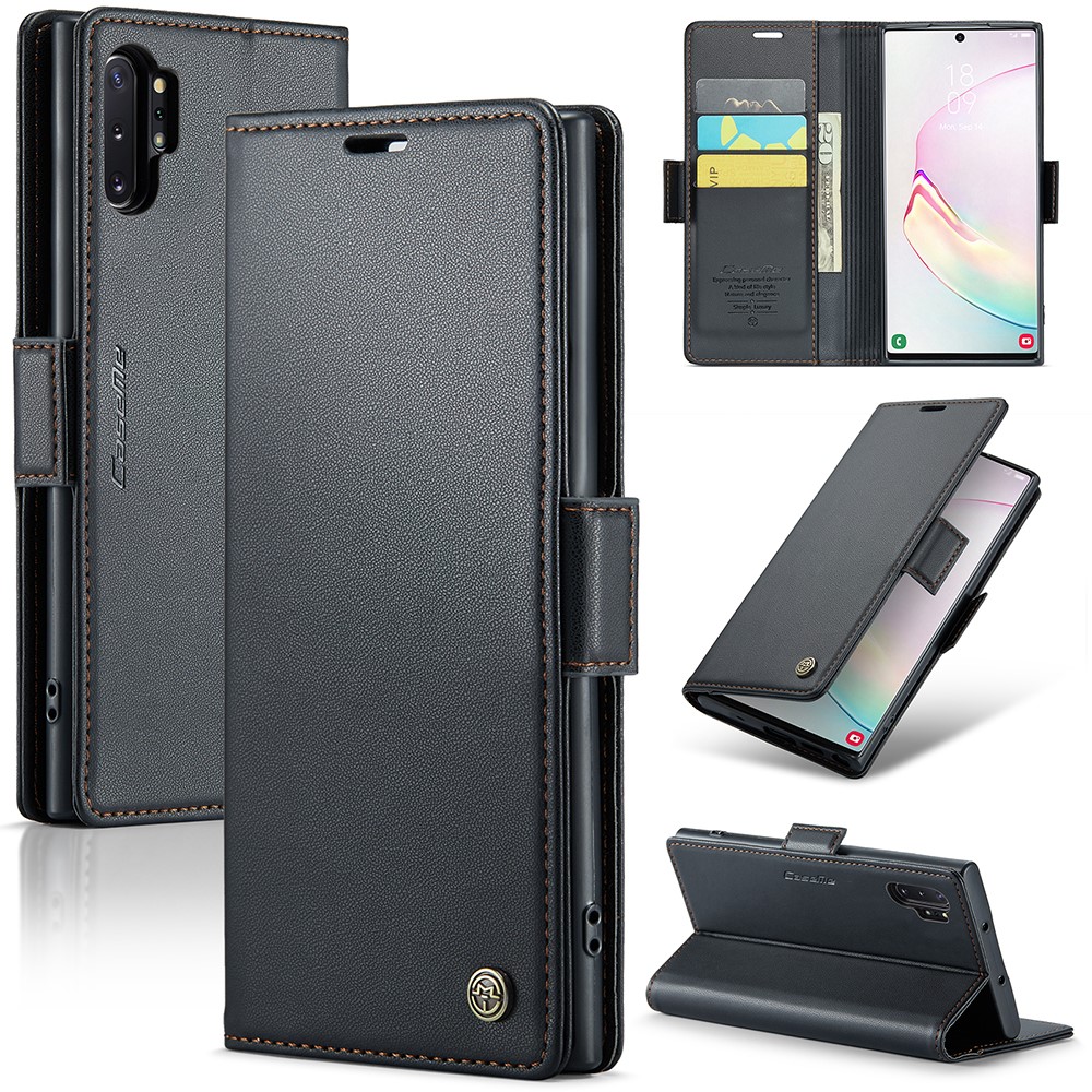 For Samsung Galaxy Note 10 Plus 4G Leather Case CASEME 023 RFID Blocking 3 Card Slot Mobile Cover - Black