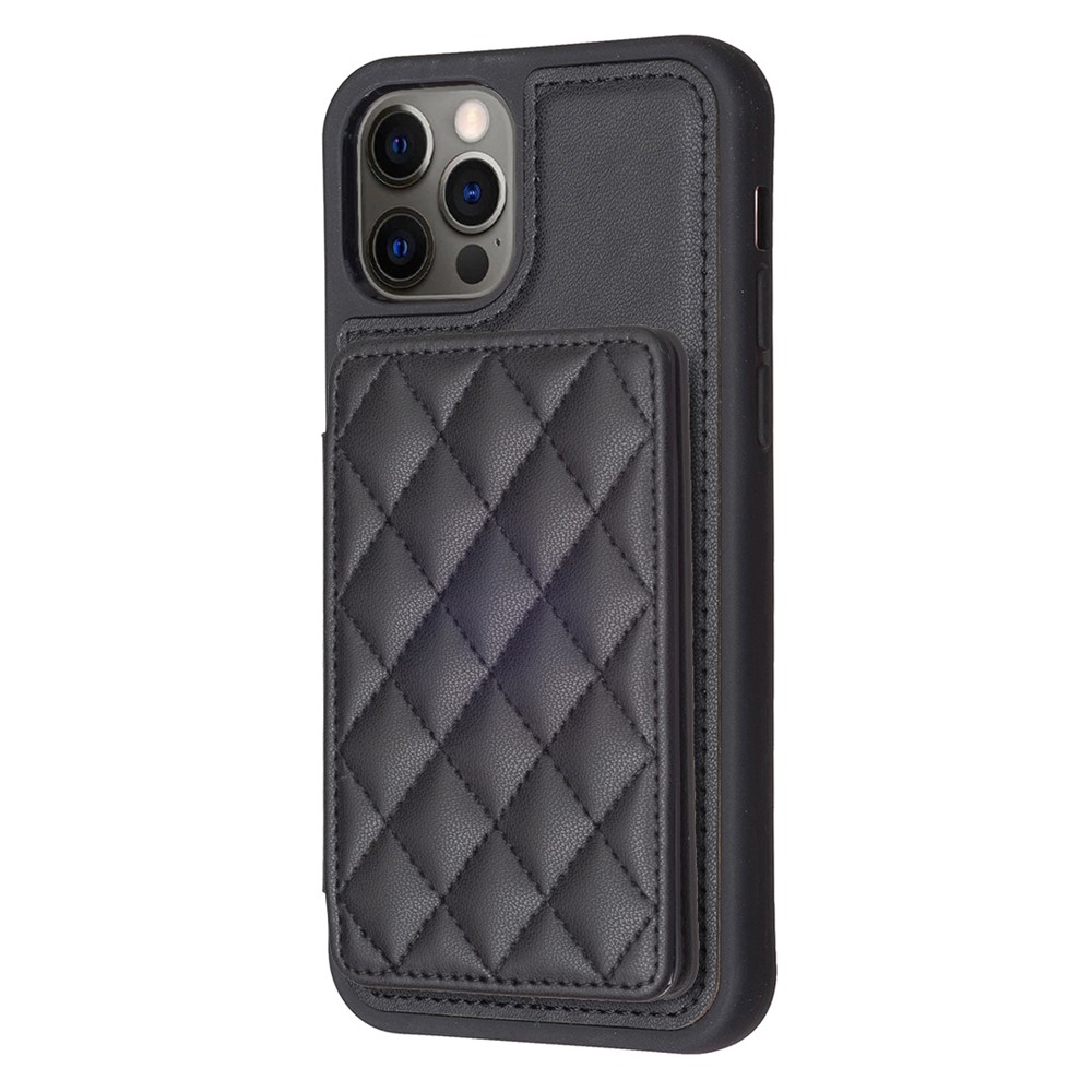 BF25 For iPhone 12 / 12 Pro Kickstand Phone Case Leather Coated TPU Cover with Card Slots Design - Black
