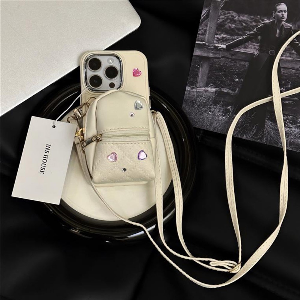 For iPhone 12 / 12 Pro 6.1 inch TPU Phone Case PU Leather Schoolbag Design Back Cover with Shoulder Strap - White