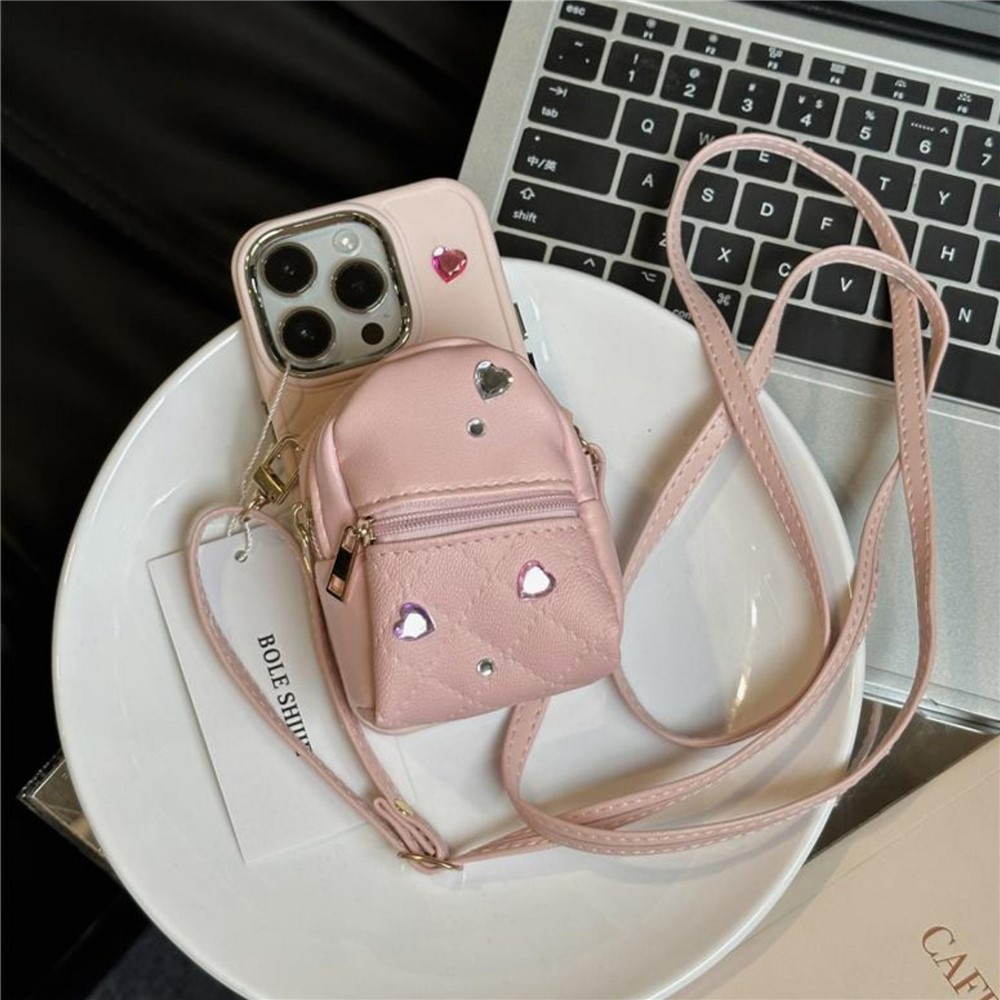For iPhone 12 / 12 Pro 6.1 inch TPU Phone Case PU Leather Schoolbag Design Back Cover with Shoulder Strap - Pink
