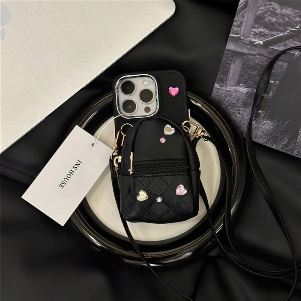 For iPhone 12 / 12 Pro 6.1 inch TPU Phone Case PU Leather Schoolbag Design Back Cover with Shoulder Strap - Black