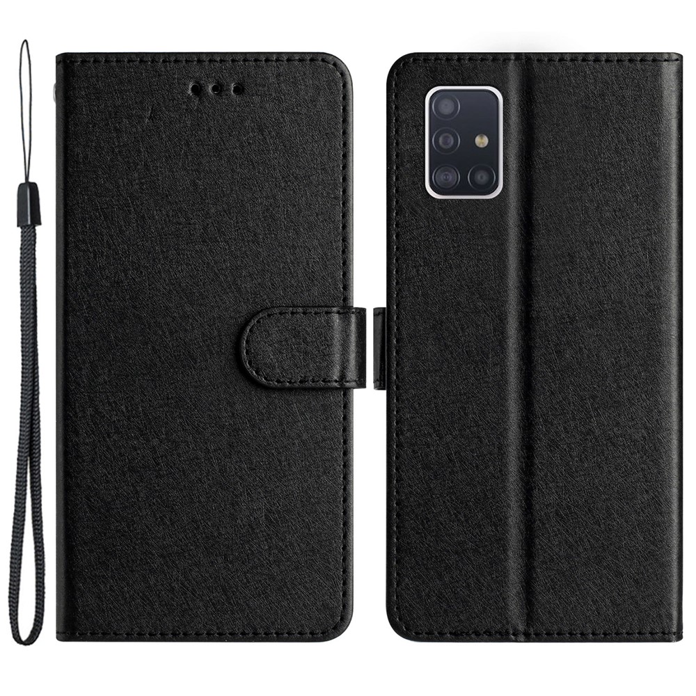 For Samsung Galaxy A71 4G SM-A715 Scratch Proof Leather Phone Wallet Stand Cover Silk Texture Case - Black