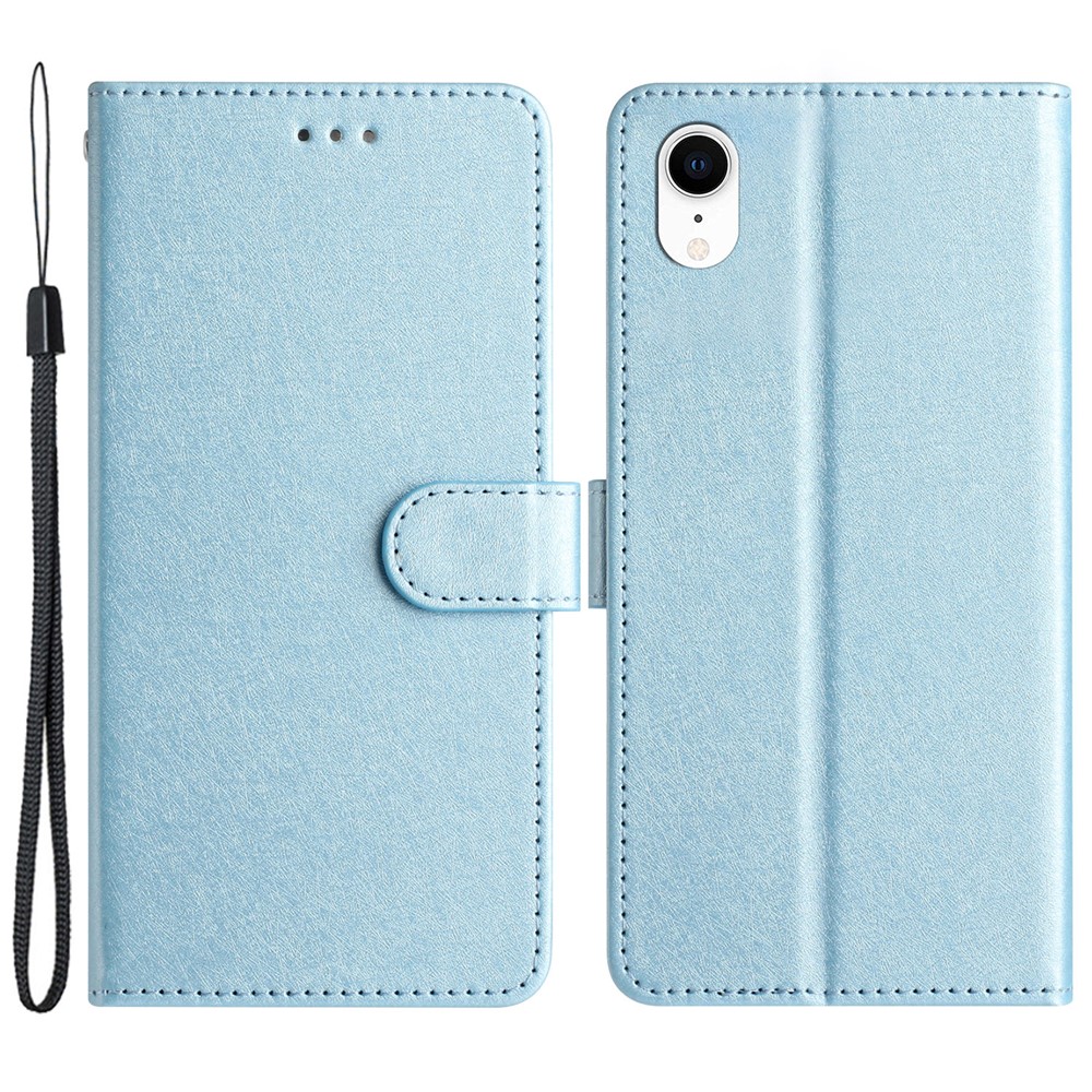 Wallet Case for iPhone XR 6.1 inch Silk Texture PU Leather Phone Stand Cover with Wrist Strap - Sky Blue