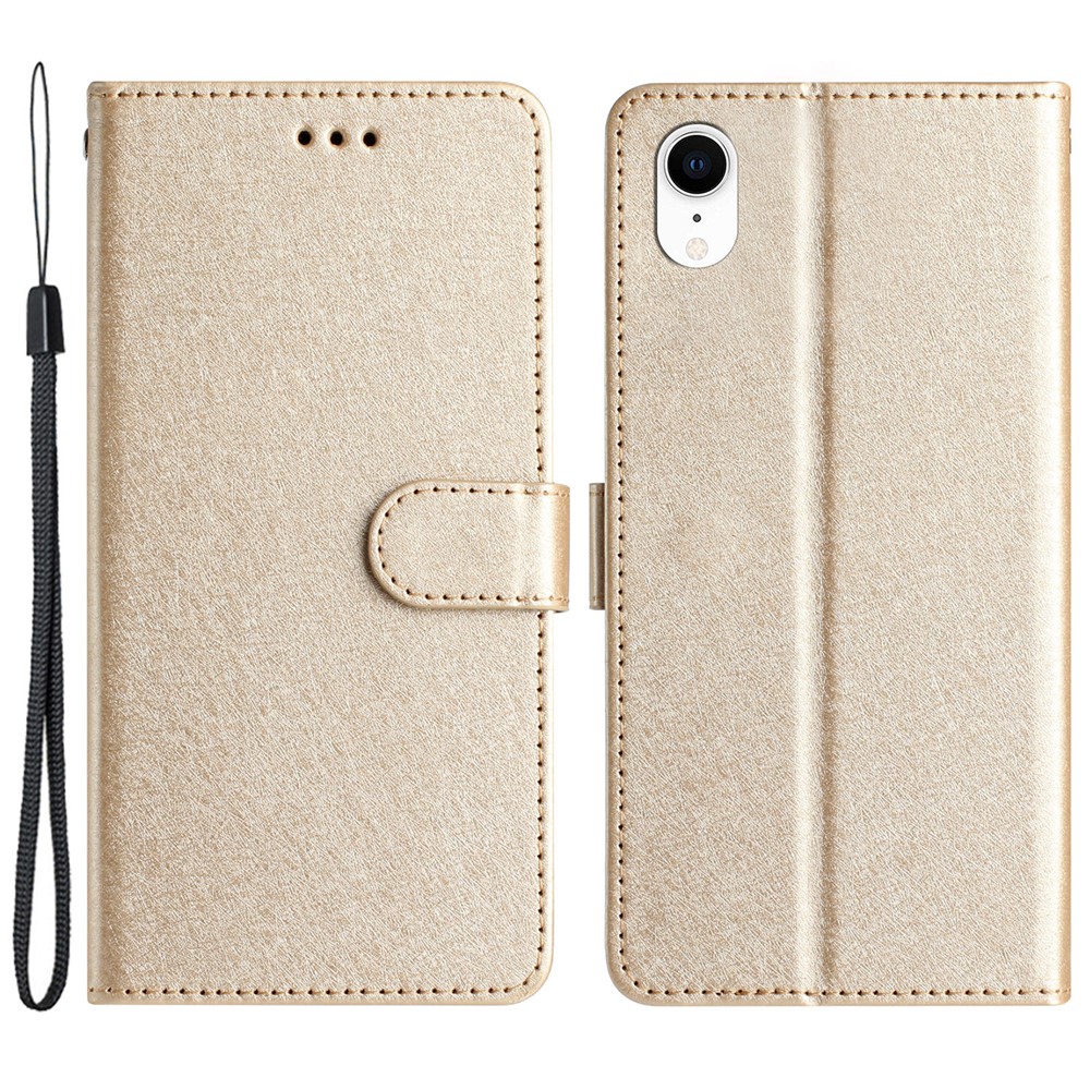 Wallet Case for iPhone XR 6.1 inch Silk Texture PU Leather Phone Stand Cover with Wrist Strap - Gold