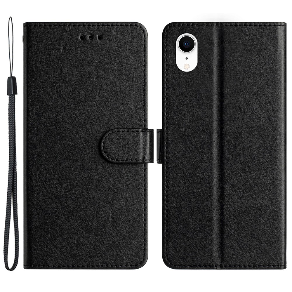 Wallet Case for iPhone XR 6.1 inch Silk Texture PU Leather Phone Stand Cover with Wrist Strap - Black