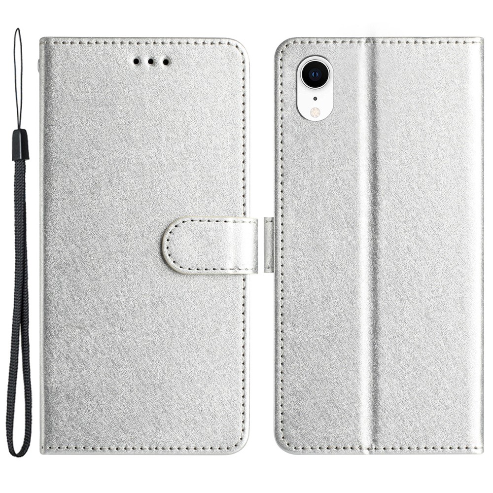 Wallet Case for iPhone XR 6.1 inch Silk Texture PU Leather Phone Stand Cover with Wrist Strap - Silver