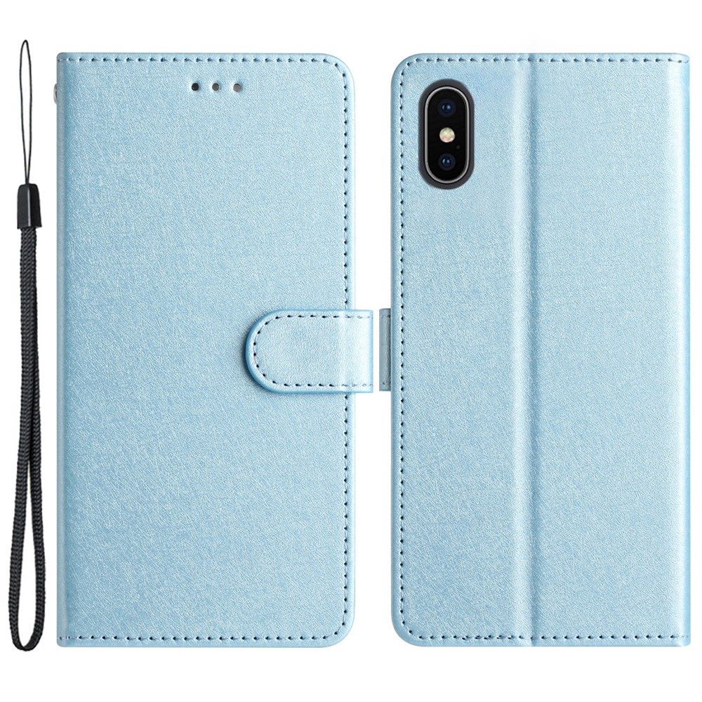 Shockproof Case for iPhone XS Max 6.5 inch Silk Texture Wallet Phone Stand PU Leather Cover with Wrist Strap - Sky Blue