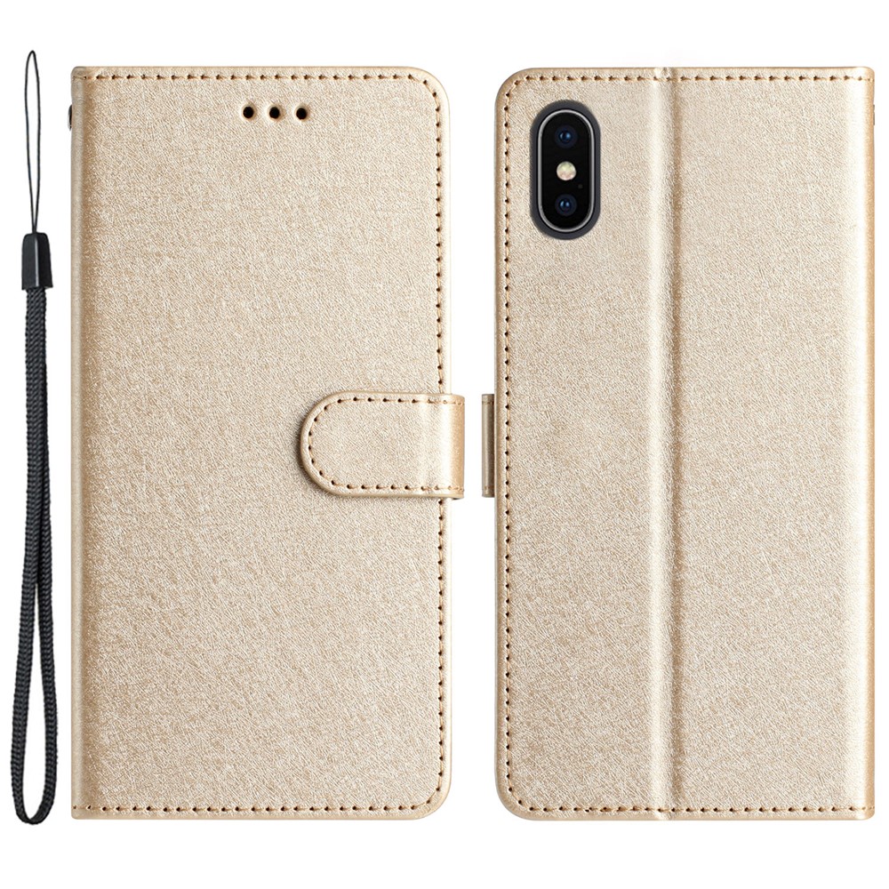 Shockproof Case for iPhone XS Max 6.5 inch Silk Texture Wallet Phone Stand PU Leather Cover with Wrist Strap - Gold