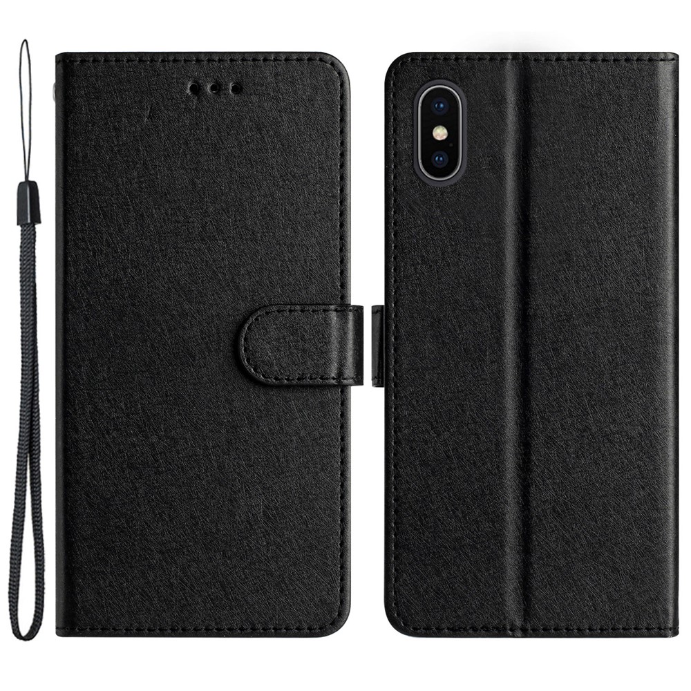 Shockproof Case for iPhone XS Max 6.5 inch Silk Texture Wallet Phone Stand PU Leather Cover with Wrist Strap - Black
