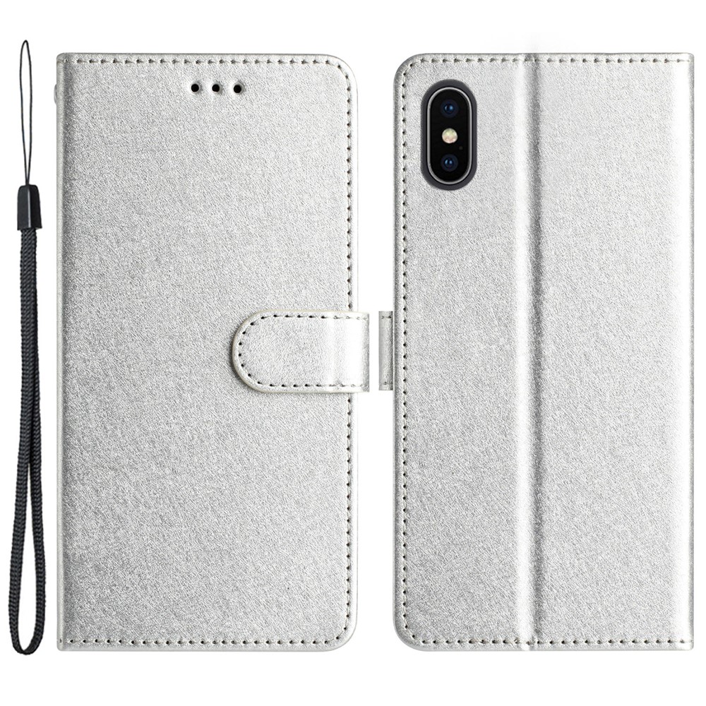 Shockproof Case for iPhone XS Max 6.5 inch Silk Texture Wallet Phone Stand PU Leather Cover with Wrist Strap - Silver