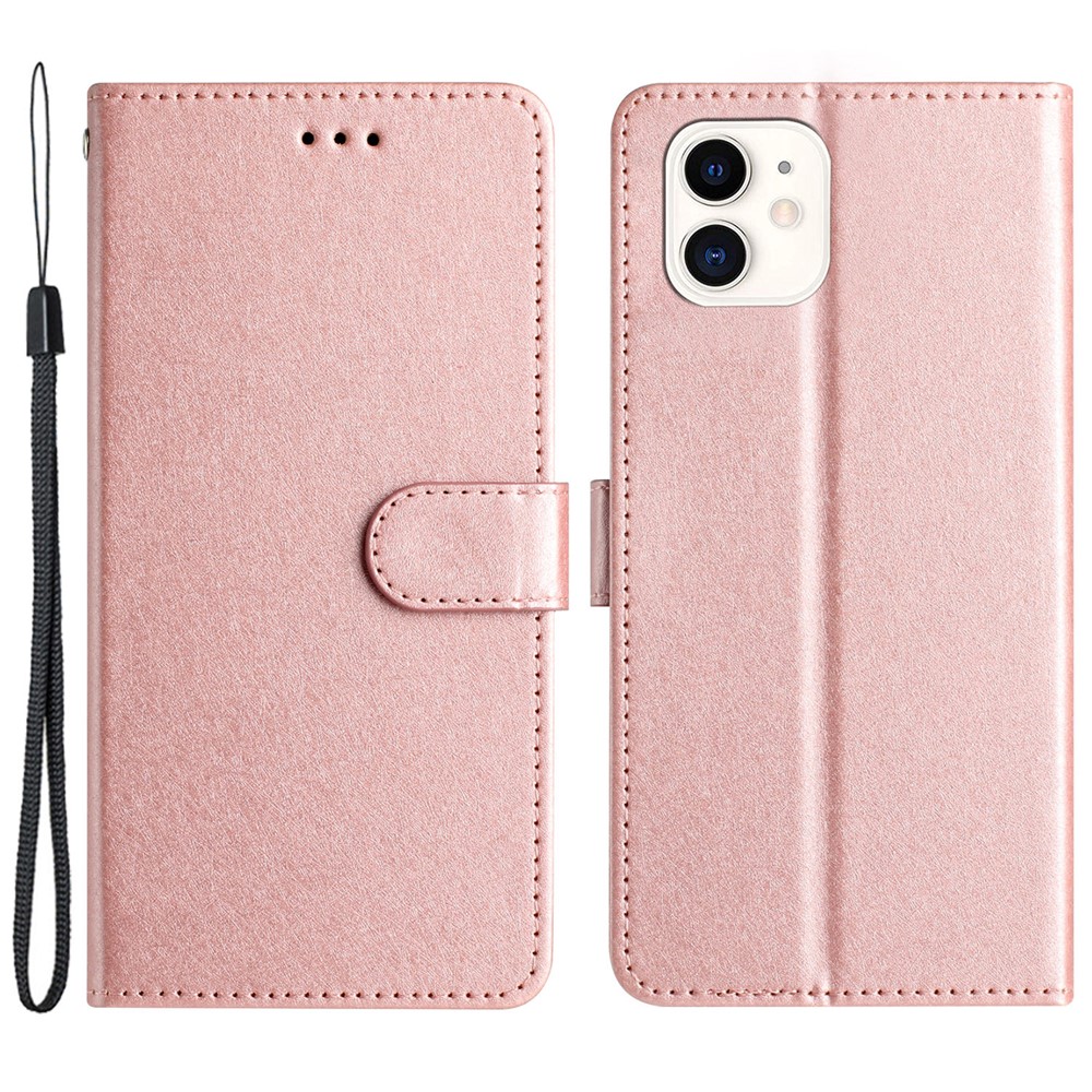 Anti-scratch Case for iPhone 11 Silk Texture PU Leather Wallet Phone Stand Cover with Wrist Strap - Rose Gold