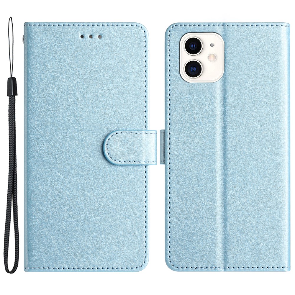 Anti-scratch Case for iPhone 11 Silk Texture PU Leather Wallet Phone Stand Cover with Wrist Strap - Sky Blue