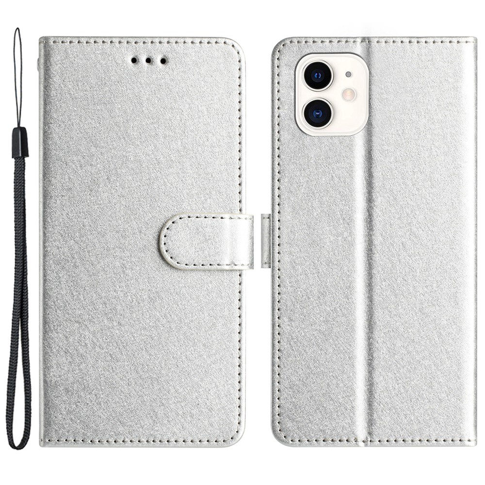 Anti-scratch Case for iPhone 11 Silk Texture PU Leather Wallet Phone Stand Cover with Wrist Strap - Silver