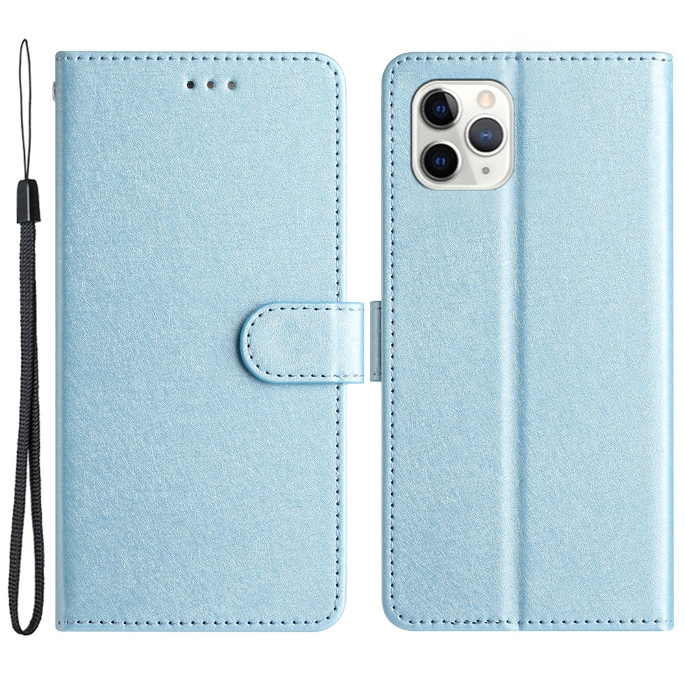 Flip Case for iPhone 11 Pro Max Silk Texture PU Leather Wallet Phone Foldable Stand Cover with Wrist Strap - Sky Blue