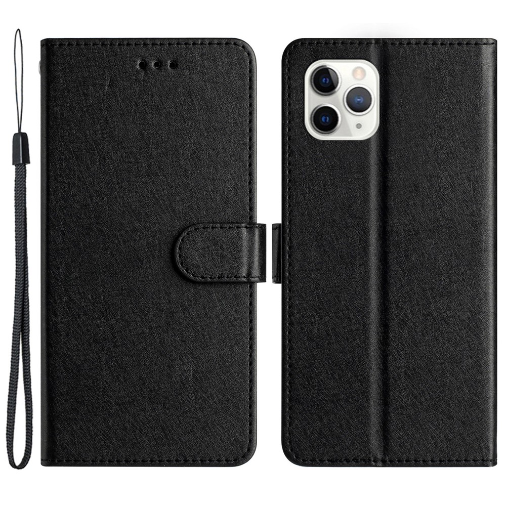 Flip Case for iPhone 11 Pro Max Silk Texture PU Leather Wallet Phone Foldable Stand Cover with Wrist Strap - Black