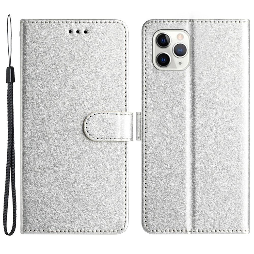Flip Case for iPhone 11 Pro Max Silk Texture PU Leather Wallet Phone Foldable Stand Cover with Wrist Strap - Silver