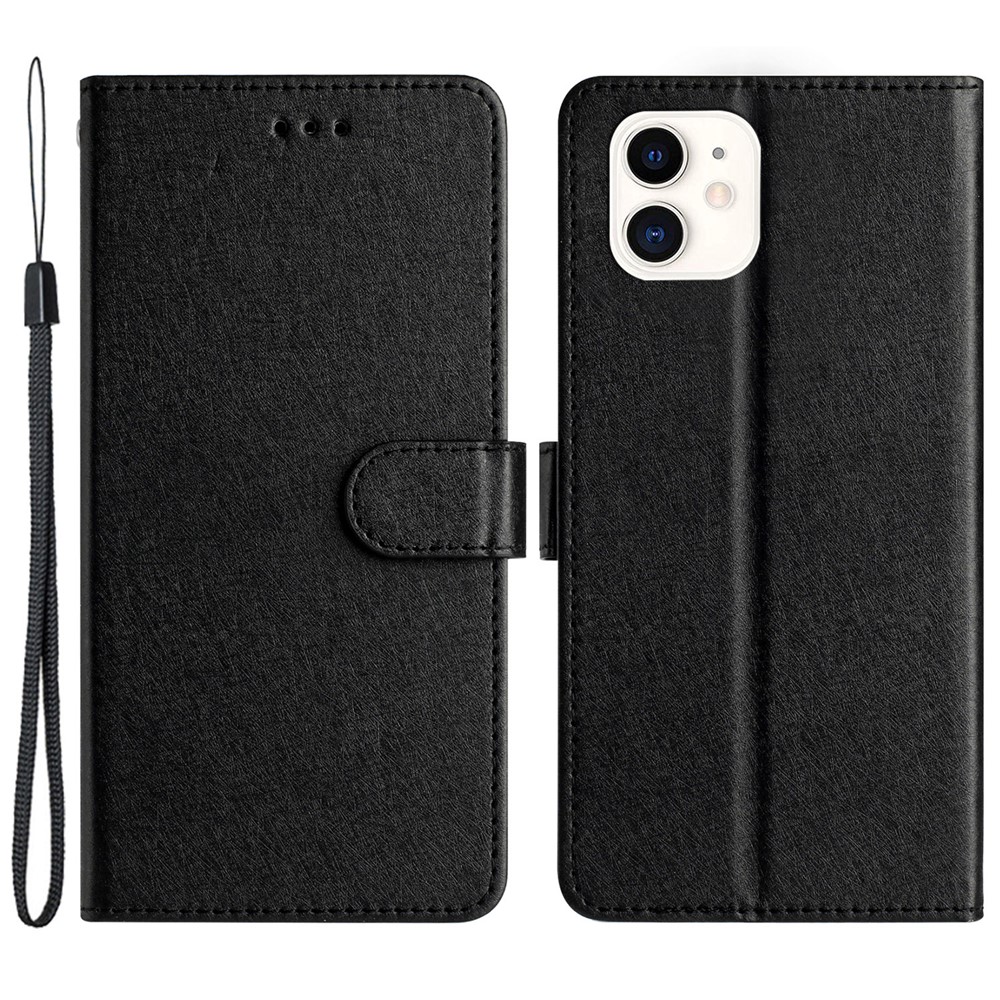 Wallet Stand Case for iPhone 12 mini 5.4 inch Silk Texture PU Leather Phone Cover with Wrist Strap - Black