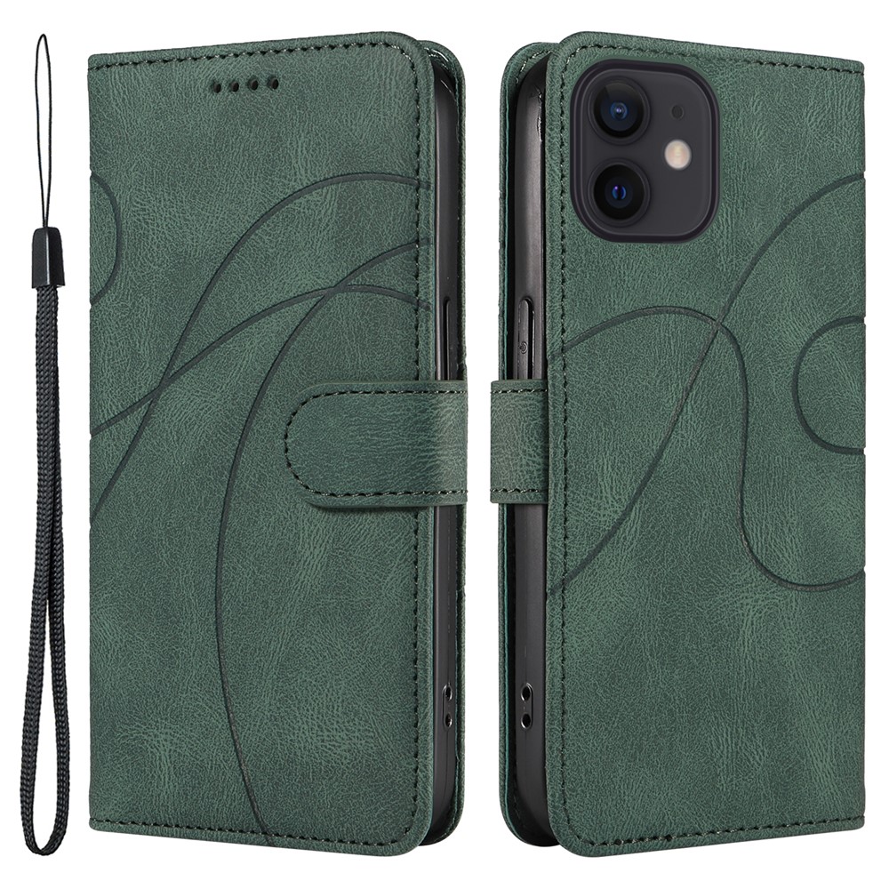 For iPhone 11 PU Leather Folio Case Wallet Stand Imprinted Line Phone Cover with Strap - Green