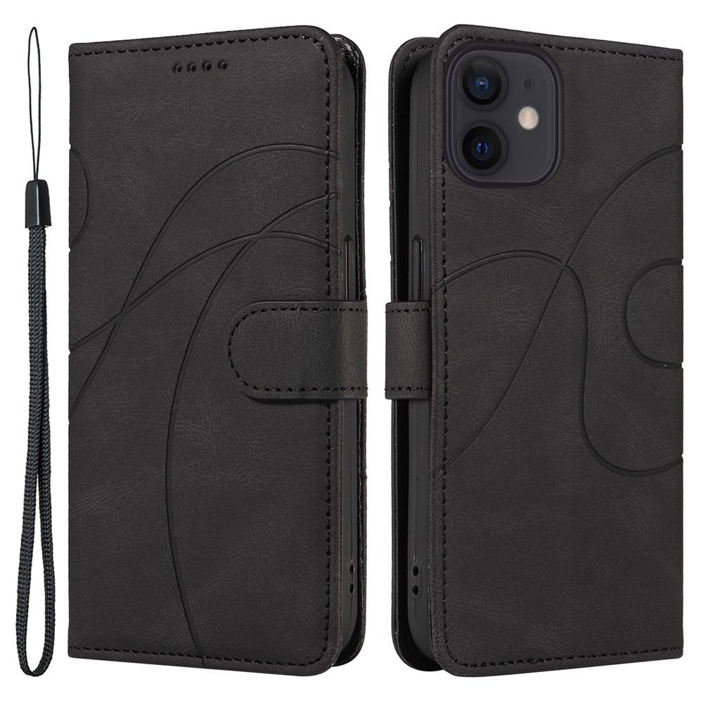 For iPhone 11 PU Leather Folio Case Wallet Stand Imprinted Line Phone Cover with Strap - Black