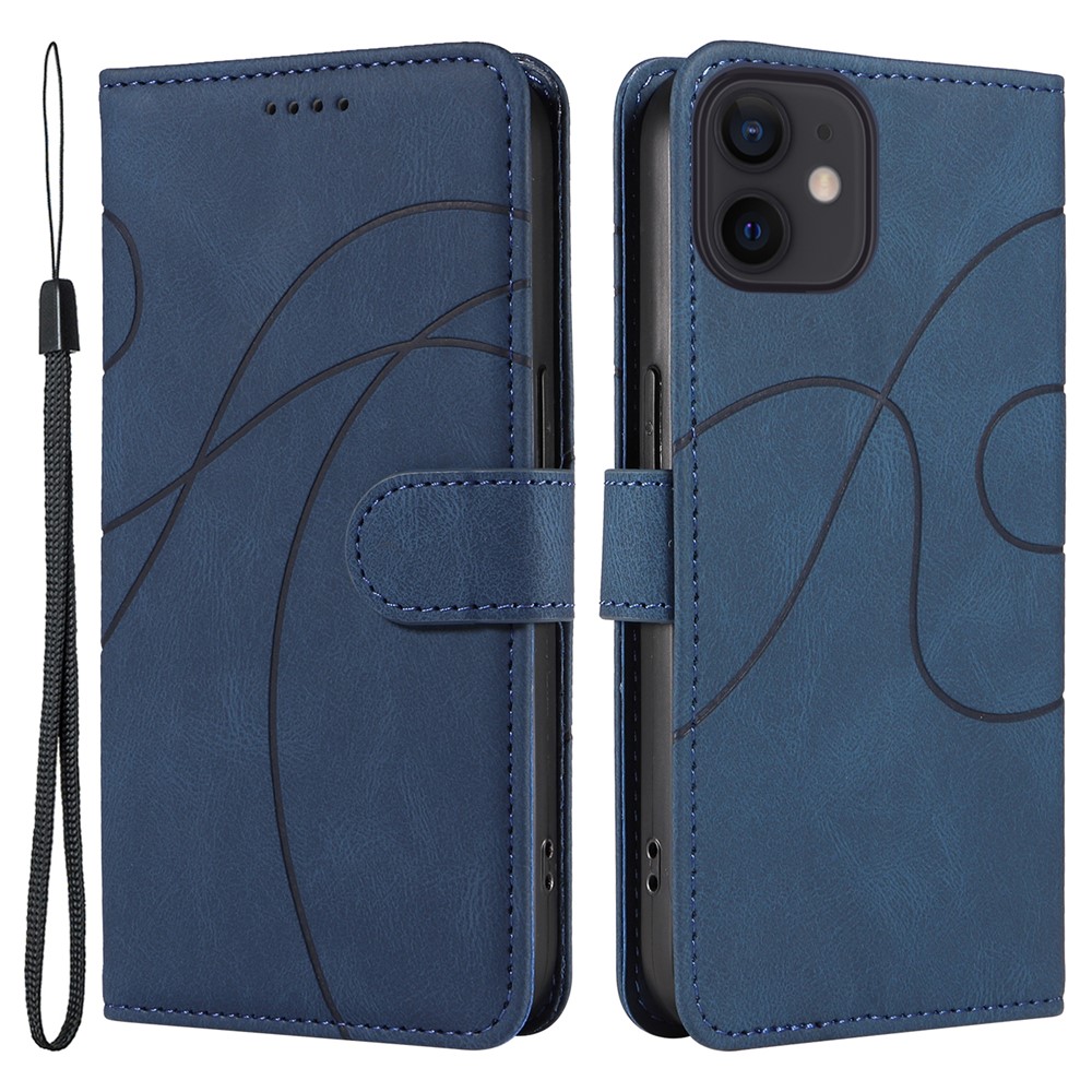 For iPhone 11 PU Leather Folio Case Wallet Stand Imprinted Line Phone Cover with Strap - Blue